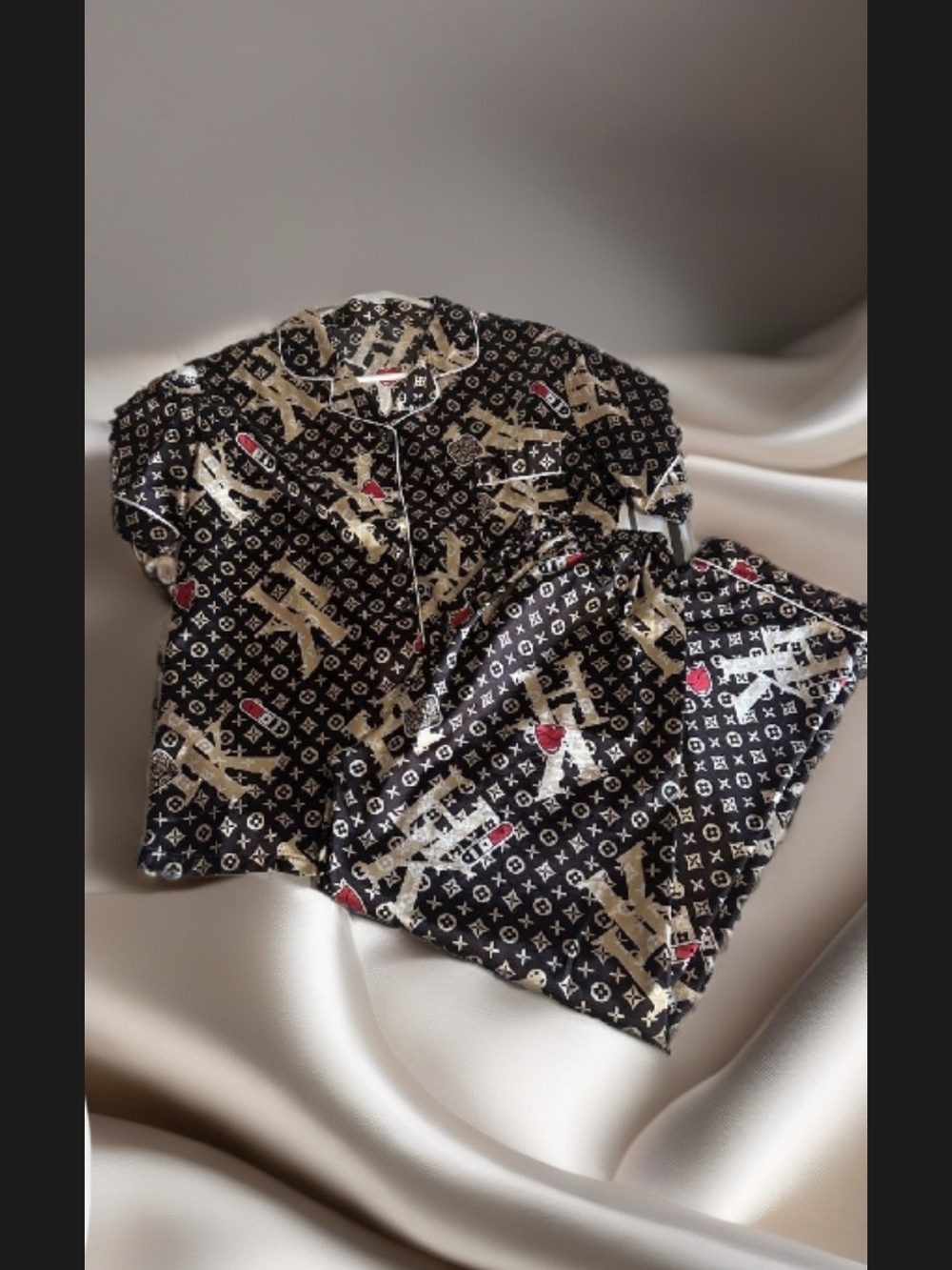 Black Patterned Pajama Set with Gold Accents